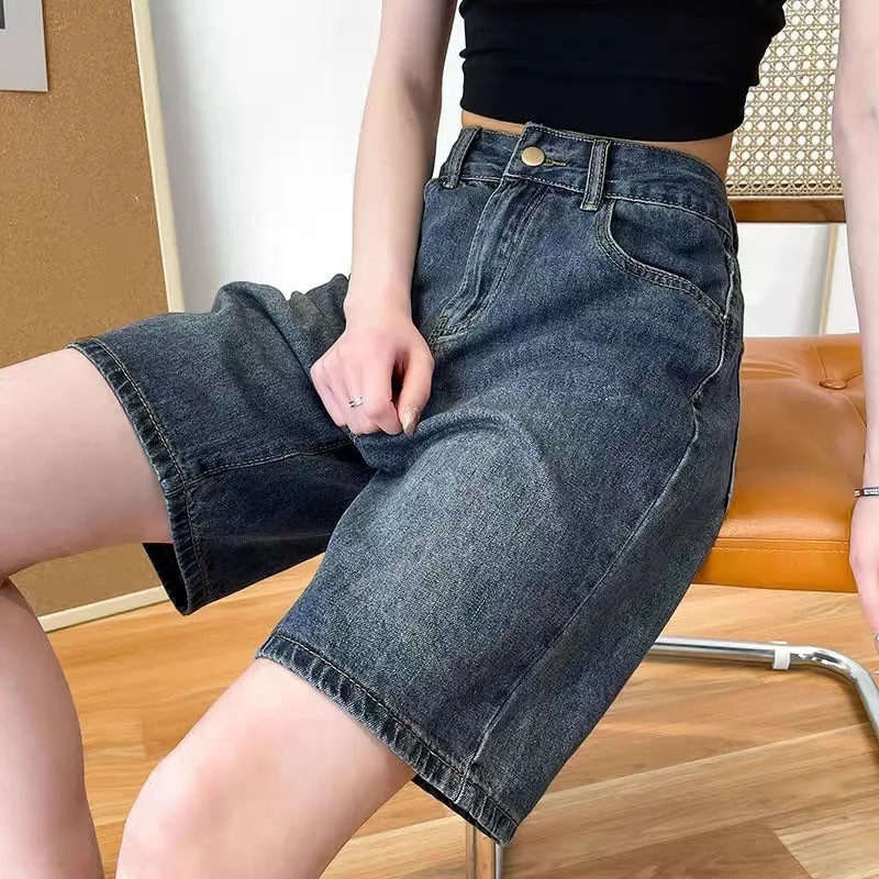 Xpqbb Traper kratke hlače do koljena Ženske vintage plave široke ravne kratke hlače visokog struka Ženske korejske jednostavne divlje klasične kratke traperice