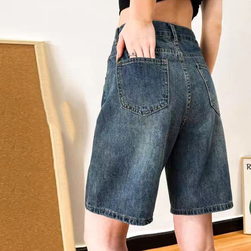 Xpqbb Traper kratke hlače do koljena Ženske vintage plave široke ravne kratke hlače visokog struka Ženske korejske jednostavne divlje klasične kratke traperice