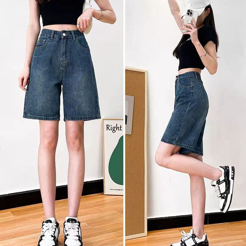 Xpqbb Traper kratke hlače do koljena Ženske vintage plave široke ravne kratke hlače visokog struka Ženske korejske jednostavne divlje klasične kratke traperice
