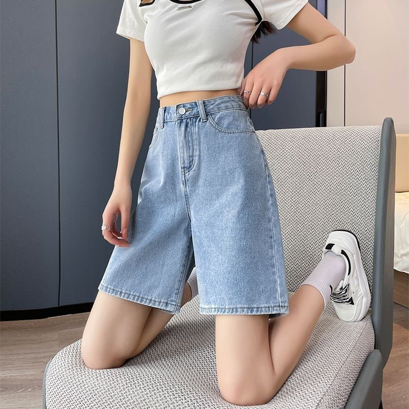 Xpqbb Traper kratke hlače do koljena Ženske vintage plave široke ravne kratke hlače visokog struka Ženske korejske jednostavne divlje klasične kratke traperice