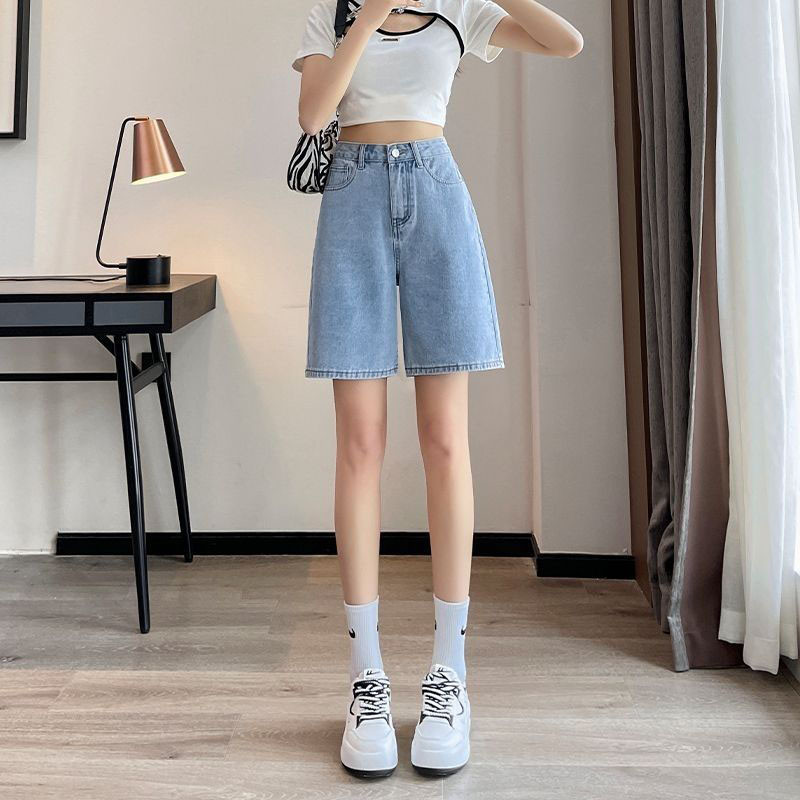 Xpqbb Traper kratke hlače do koljena Ženske vintage plave široke ravne kratke hlače visokog struka Ženske korejske jednostavne divlje klasične kratke traperice