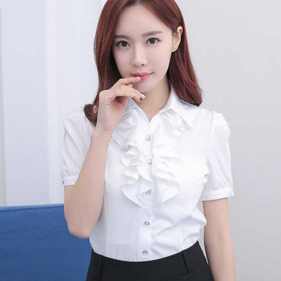 Majice s otvorenim ovratnikom za uredske dame Ženske poslovne ležerne košulje Jednobojne ženske odjeće kratkih rukava Gumbi Uske bluze