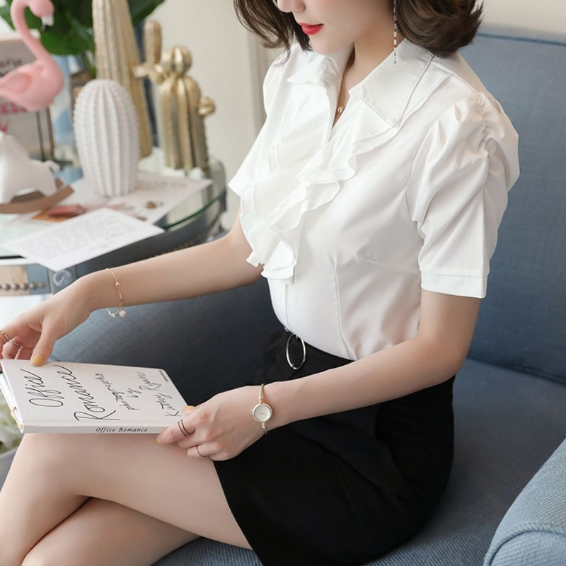 Majice s otvorenim ovratnikom za uredske dame Ženske poslovne ležerne košulje Jednobojne ženske odjeće kratkih rukava Gumbi Uske bluze