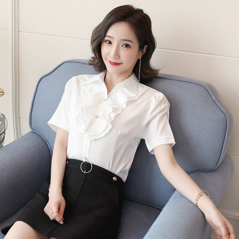 Majice s otvorenim ovratnikom za uredske dame Ženske poslovne ležerne košulje Jednobojne ženske odjeće kratkih rukava Gumbi Uske bluze