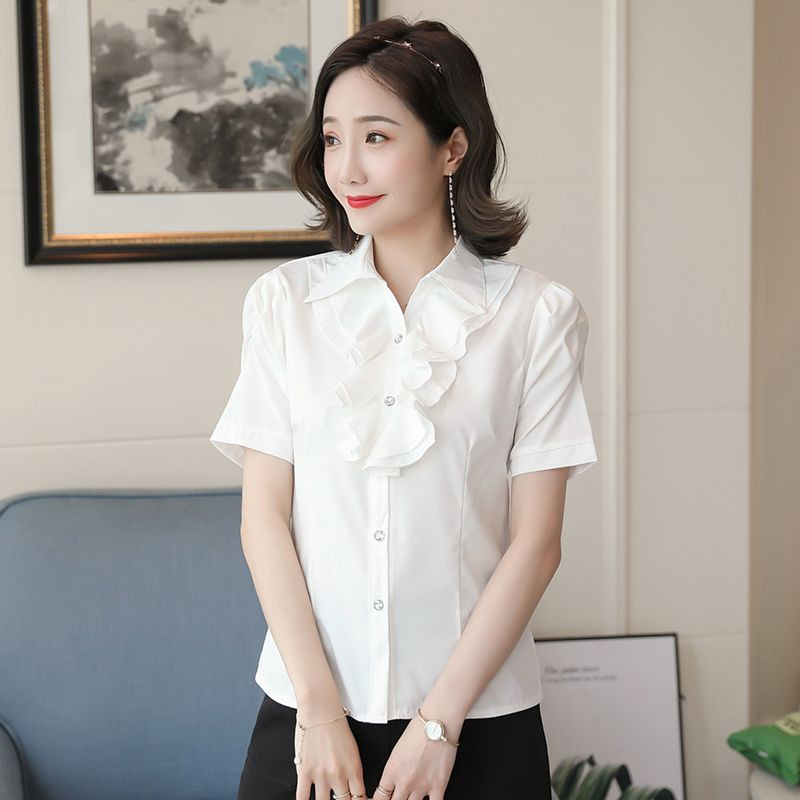Majice s otvorenim ovratnikom za uredske dame Ženske poslovne ležerne košulje Jednobojne ženske odjeće kratkih rukava Gumbi Uske bluze