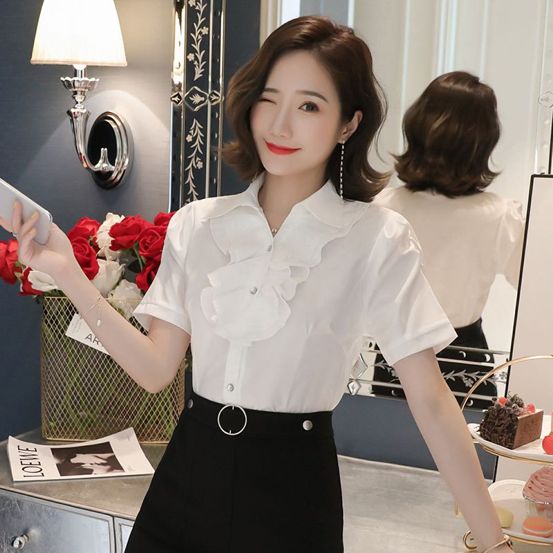 Majice s otvorenim ovratnikom za uredske dame Ženske poslovne ležerne košulje Jednobojne ženske odjeće kratkih rukava Gumbi Uske bluze
