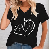 Majica kratkih rukava s grafičkim printom pasa i konja Ženska košulja za ljubitelje konja kratkih rukava s V-izrezom Ležerna majica za ljeto Ženska odjeća T s printom
