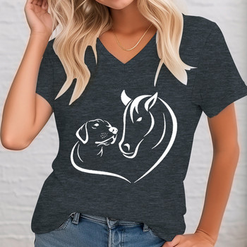 Μπλουζάκι Dog & Horse Graphic Print Γυναικείο Πουκάμισο Horse Lover Κοντό μανίκι με V λαιμόκοψη Casual Top για καλοκαιρινά γυναικεία ρούχα με στάμπα T