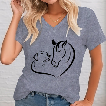 Μπλουζάκι Dog & Horse Graphic Print Γυναικείο Πουκάμισο Horse Lover Κοντό μανίκι με V λαιμόκοψη Casual Top για καλοκαιρινά γυναικεία ρούχα με στάμπα T