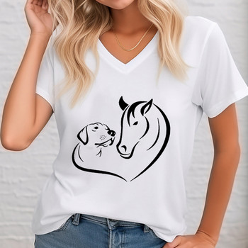 Μπλουζάκι Dog & Horse Graphic Print Γυναικείο Πουκάμισο Horse Lover Κοντό μανίκι με V λαιμόκοψη Casual Top για καλοκαιρινά γυναικεία ρούχα με στάμπα T