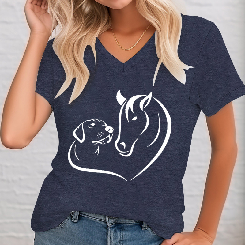 Majica kratkih rukava s grafičkim printom pasa i konja Ženska košulja za ljubitelje konja kratkih rukava s V-izrezom Ležerna majica za ljeto Ženska odjeća T s printom