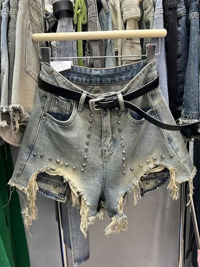 [EWQ] Modne traper kratke hlače s europskim zakovicama za žene velike veličine, kratke hlače A kroja s resicama, 2024., proljeće ljeto 16U8996