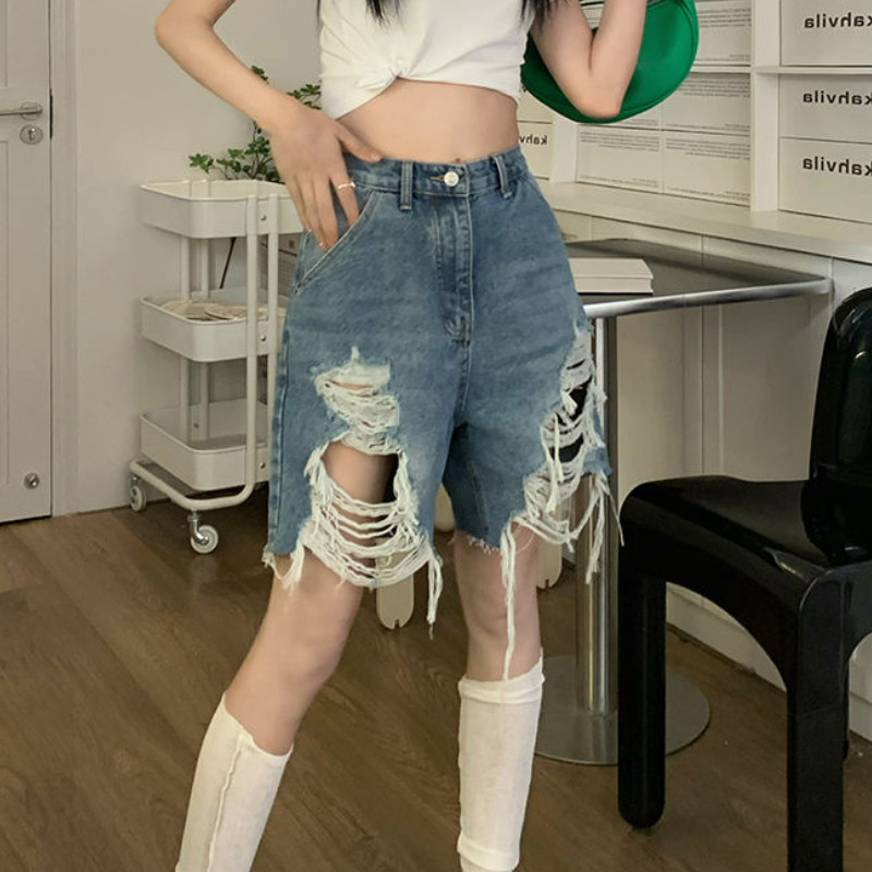 S-5XL traper kratke hlače, ženske ljetne, poderane korejske mode visokog struka, univerzalne vintage isprane rupe, ulična odjeća, šik 