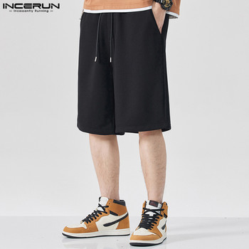 INCERUN 2024 Мъжки къси панталони Едноцветни шнурове Свободни летни мъжки долнища Streetwear Джобове Модни ежедневни мъжки шорти S-5XL