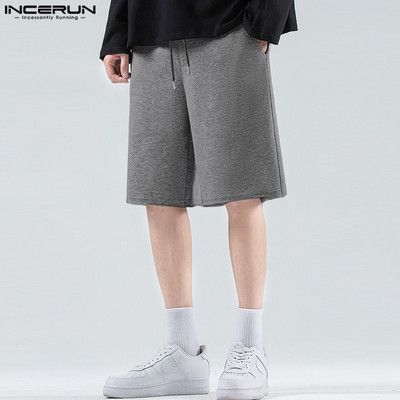 Pantaloni scurți pentru bărbați INCERUN 2024, culoare uni, cu șnur, pantaloni largi de vară pentru bărbați, îmbrăcăminte de stradă, buzunare, pantaloni scurți casual pentru bărbați, S-5XL