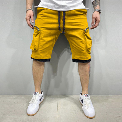 Pantaloni scurți cargo de vară pentru bărbați Pantaloni scurți de fitness pentru antrenament din bumbac, respirabili, pentru antrenament, săli de sport, culturism, pantaloni scurți galbeni cu buzunare multiple