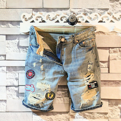 Summer Casual Punk Style Luxury Ripped Washed Jeans Ανδρικό τζιν σορτς με λεπτό κέντημα Patch Πλυμένο τζιν σορτς για άνδρες
