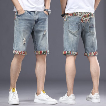 2024 Еластични дънкови къси панталони с пет точки, мъжки летни бродерии, корейска версия, свободна права, тънка, ежедневна корейска версия