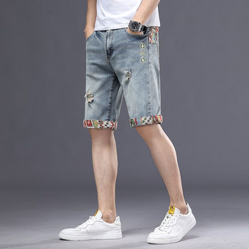 2024 Еластични дънкови къси панталони с пет точки, мъжки летни бродерии, корейска версия, свободна права, тънка, ежедневна корейска версия