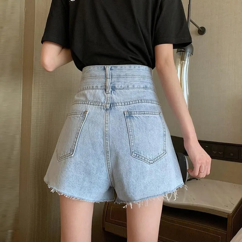 Šik dizajn, kratke hlače visokog struka Jean Ženska ulična plava ljetna Kaubojske kratke hlače velikih veličina Modne vruće široke traper kortos a-kroja