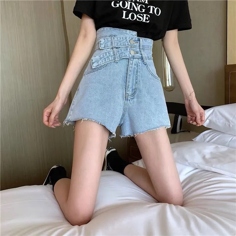 Šik dizajn, kratke hlače visokog struka Jean Ženska ulična plava ljetna Kaubojske kratke hlače velikih veličina Modne vruće široke traper kortos a-kroja