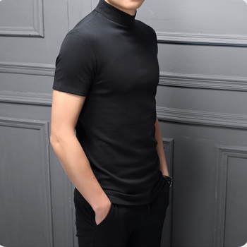 Тенденция за 2022 г., лято, мъжка тениска с полувисока яка, мерсеризиран памук и къс ръкав, тениска по тялото, мъжка едноцветна модна тениска с висока яка