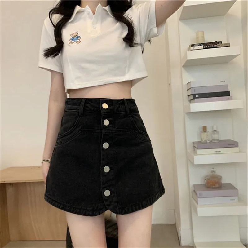 Ljetne traper kratke hlače s jednim kopčanjem Ženske korejske modne Jean Culottes hlače visokog struka 2023 Mini hlače Plave crne široke kratke hlače