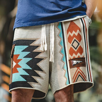 Американски винтидж къси панталони Мъжки навахо плетени къси панталони с блокирани цветове Летни ежедневни свободни плажни къси панталони Тънки дишащи панталони