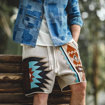 Американски винтидж къси панталони Мъжки навахо плетени къси панталони с блокирани цветове Летни ежедневни свободни плажни къси панталони Тънки дишащи панталони