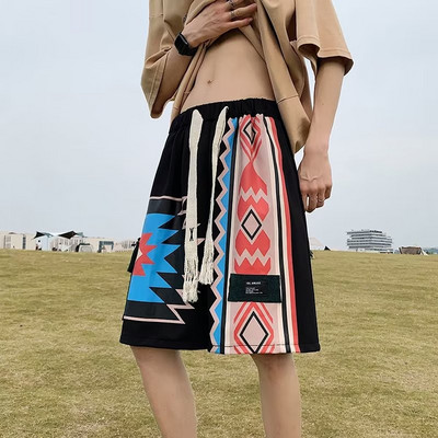 Rövidnadrágok Férfi Retro divat Geometrikus nyári térdig érő paneles húzózsinór amerikai stílusú tinédzserek High Street légáteresztő hangulatos