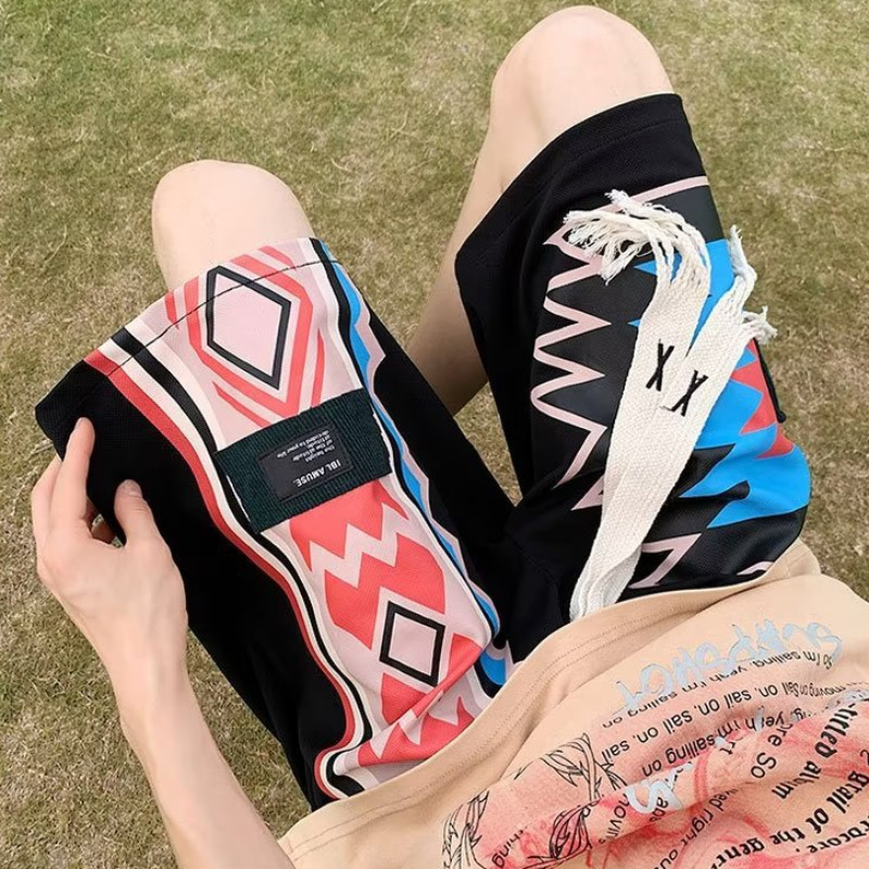 Rövidnadrágok Férfi Retro divat Geometrikus nyári térdig érő paneles húzózsinór amerikai stílusú tinédzserek High Street légáteresztő hangulatos