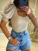 Női női felfújt ujjú ingek Női nyári rövid ujjú négyzetnyakú bordás felsők Alkalmi vintage póló felsők