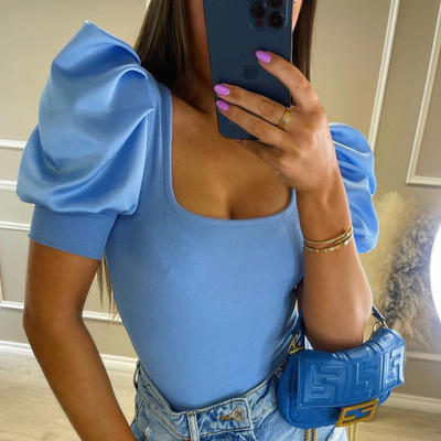 Női női felfújt ujjú ingek Női nyári rövid ujjú négyzetnyakú bordás felsők Alkalmi vintage póló felsők