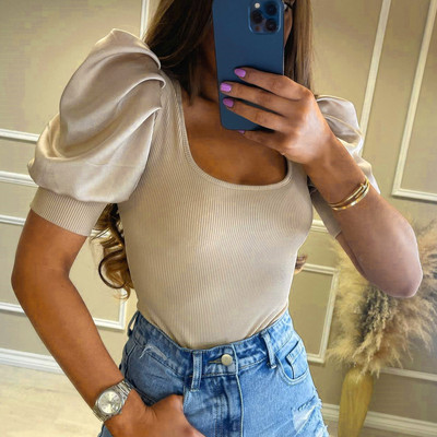 Női női felfújt ujjú ingek Női nyári rövid ujjú négyzetnyakú bordás felsők Alkalmi vintage póló felsők