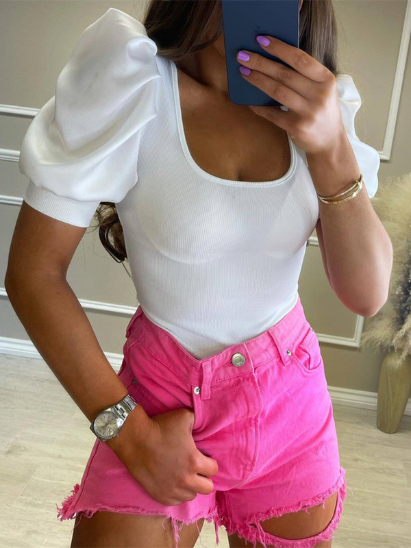 Női női felfújt ujjú ingek Női nyári rövid ujjú négyzetnyakú bordás felsők Alkalmi vintage póló felsők