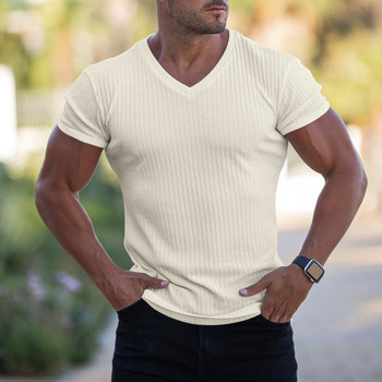 Мъжка тениска с къс ръкав, V-образно деколте, дишаща, едноцветна, прилепнала, ежедневни спортове, отвеждаща потта, лятна