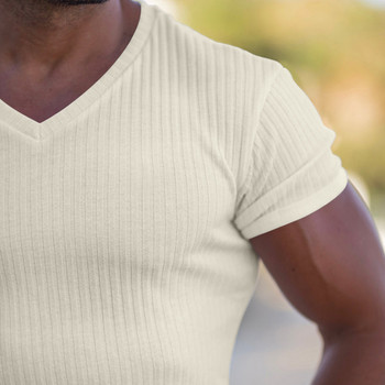 Мъжка тениска с къс ръкав, V-образно деколте, дишаща, едноцветна, прилепнала, ежедневни спортове, отвеждаща потта, лятна