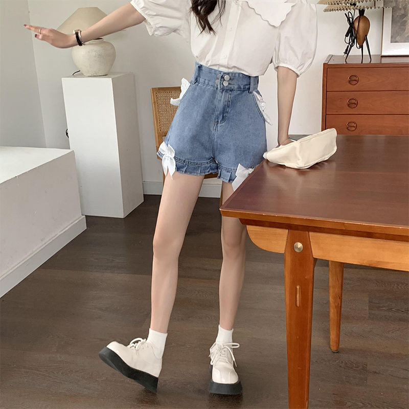 Bow džinsu šorti Sieviešu Meiteņu S-5XL Populāras mežģīnes vasarā, estētiski, korejiešu stilā ar augstu vidukli, brīvi, burvīgi