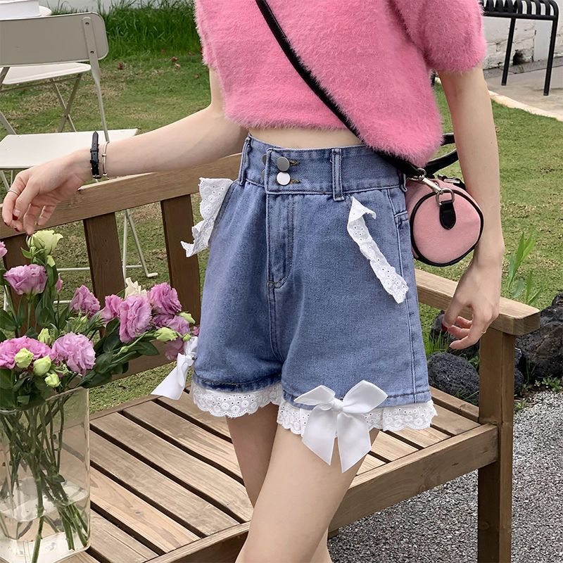 Bow džinsu šorti Sieviešu Meiteņu S-5XL Populāras mežģīnes vasarā, estētiski, korejiešu stilā ar augstu vidukli, brīvi, burvīgi