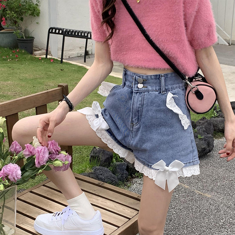 Bow džinsu šorti Sieviešu Meiteņu S-5XL Populāras mežģīnes vasarā, estētiski, korejiešu stilā ar augstu vidukli, brīvi, burvīgi
