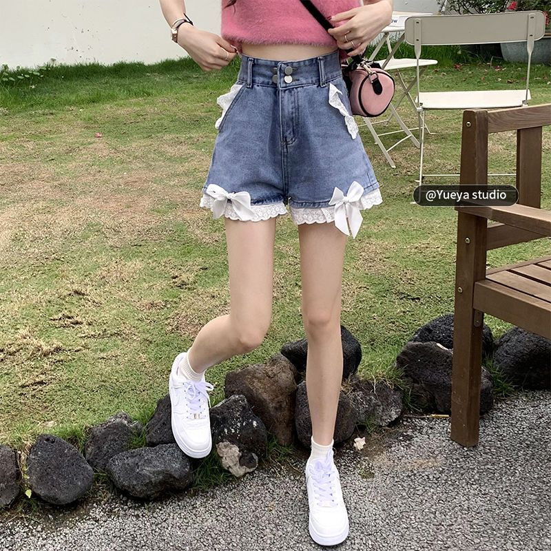 Bow džinsu šorti Sieviešu Meiteņu S-5XL Populāras mežģīnes vasarā, estētiski, korejiešu stilā ar augstu vidukli, brīvi, burvīgi