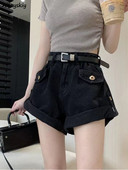Γυναικείο σορτς τζιν S-5XL ρετρό ψηλόμεσο μοντέρνο κομψό κορεάτικο στυλ Απλές τσέπες Hotsweet χαλαρό καλοκαίρι