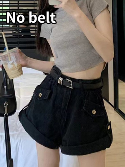 Γυναικείο σορτς τζιν S-5XL ρετρό ψηλόμεσο μοντέρνο κομψό κορεάτικο στυλ Απλές τσέπες Hotsweet χαλαρό καλοκαίρι