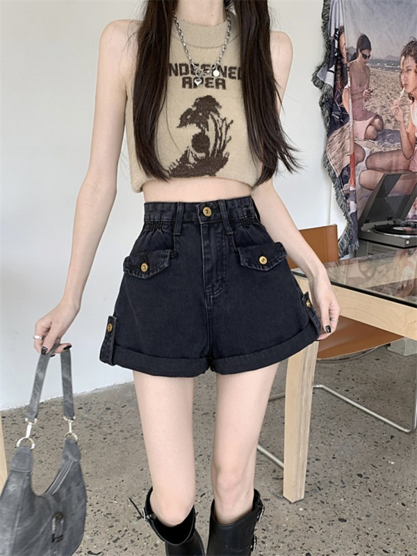 Modes krokotās džinsa šorti sievietēm ar augstu vidukli ar platu A līniju šorti, 2024. gada vasaras ikdienas bikses, sieviešu ielas apģērbs