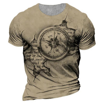 Винтидж тениска с компас Мъжка тениска с 3d печат Навигационен компас Мъжка тениска с кръгло деколте с къс ръкав Големи горнища Тениска Homme 6xl Camiseta