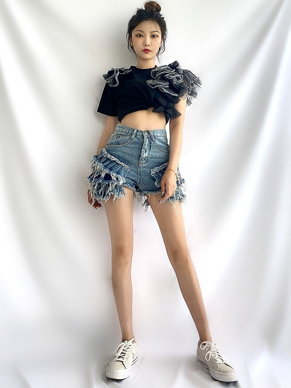 TWOTWINSTYLE Denim Patchwork Raw Hem kratke hlače za žene visokog struka Patchwork džep Jednobojne ljetne kratke hlače Ženska moda Novo