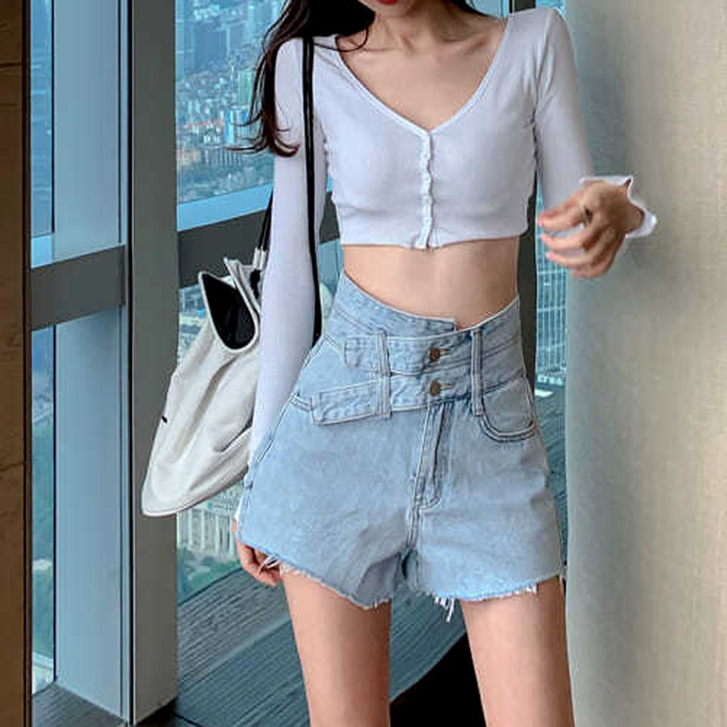 Rövidnadrág Női Szabadidő Szüret Retro S-5XL Koreai stílusú Nőies Nyári Dizájn Elterjedt magas derekú, divatos gomb minden egyezés