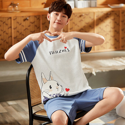 Medvilninis vasarinis plonas vyriškas pižamų rinkinys plius dydis trumpam miegui kelnaitės miegui skirtas kostiumas vyriškas namų kostiumas namų apranga Laisvalaikio pižamos