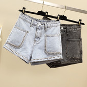 Sieviešu džinsu šorti Eleganti pērļoti ar lielu kabatu ar augstu vidukli Džinsi 2024. gada vasaras jauni, brīvi liela izmēra, platu kāju karstās bikses S-5XL