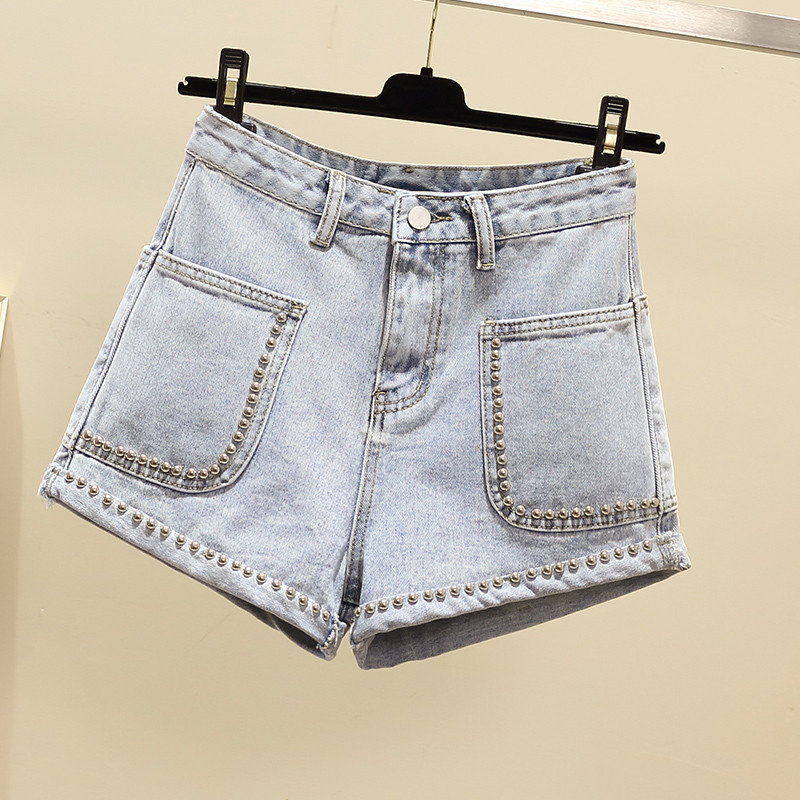 Sieviešu džinsu šorti Eleganti pērļoti ar lielu kabatu ar augstu vidukli Džinsi 2024. gada vasaras jauni, brīvi liela izmēra, platu kāju karstās bikses S-5XL